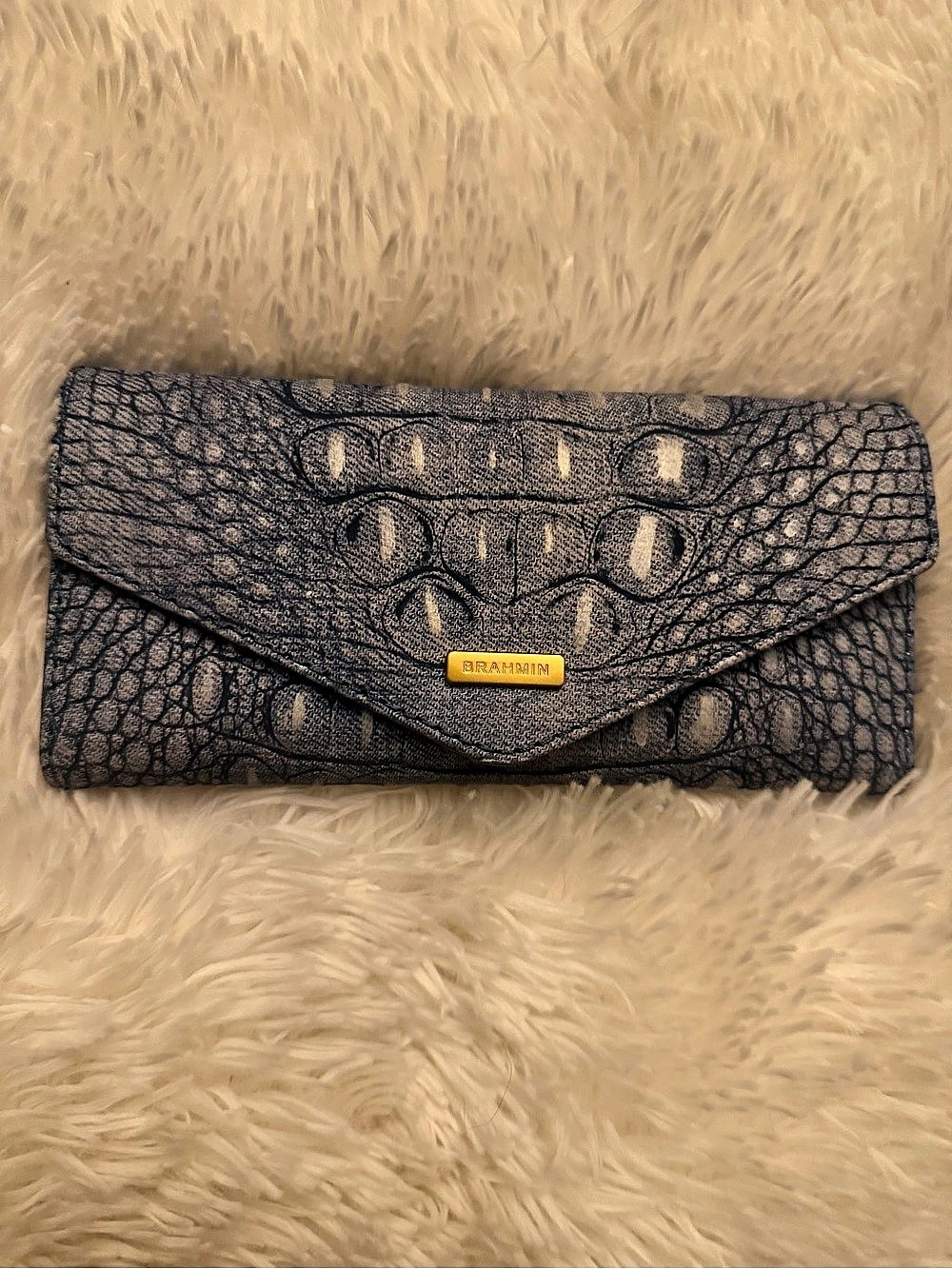 Brahmin Veronica Light Blue Denim Tetra Blue Croc Embossed Leather Wallet